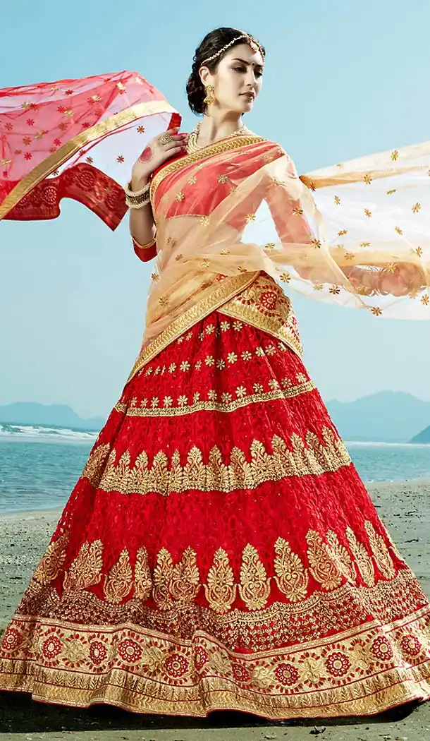 Women Designer Red Exquisite Net Circular Style Lehenga Choli | FH468972901