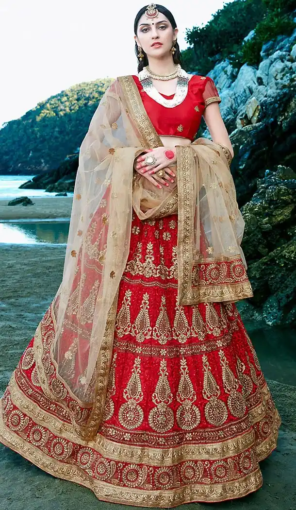Traditional Look Attractive Circular Lehenga in Deep Scarlet Color | FH468972905
