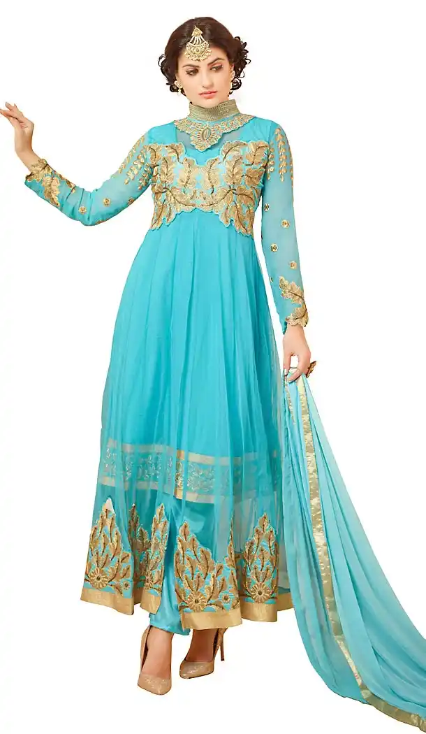 Dark Turquoise Color Georgette Achkan Style Salwar Kameez | FH469972992