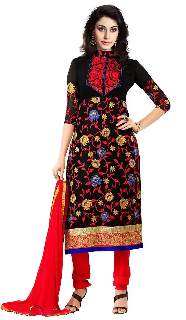 Straight Cut Style Georgette Churidar Kameez in Blak Color | FH470073000