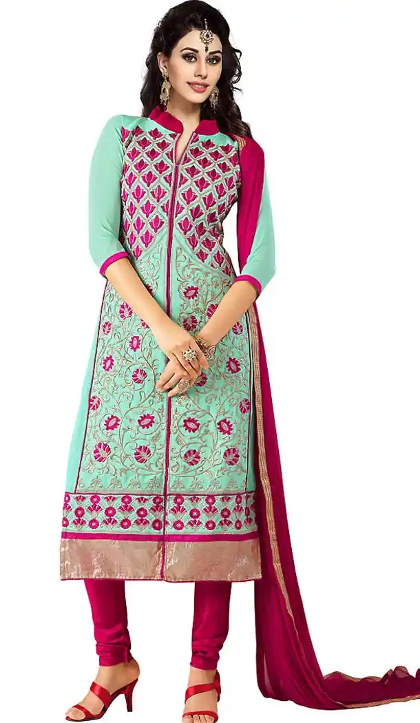 Achkan Style Georgette Churidar Kameez in Aloe Vera Green Color | FH470073001