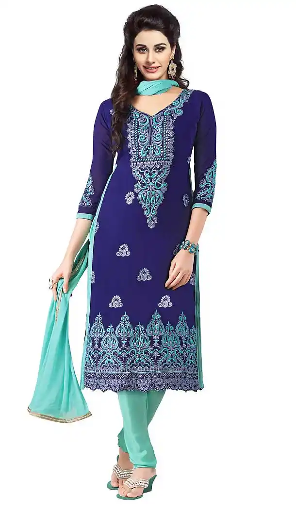 Straight Cut Style Georgette Churidar Kameez in Navy Blue Color | FH470073003