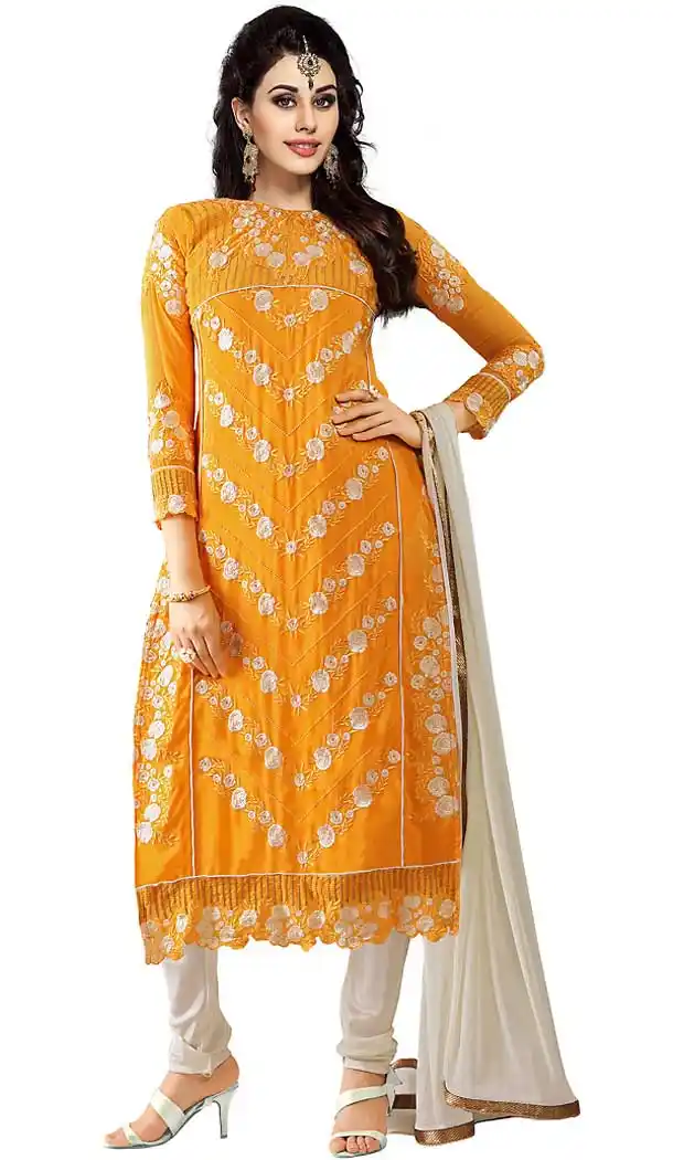 Straight Cut Style Georgette Churidar Kameez in Orange Color | FH470073004