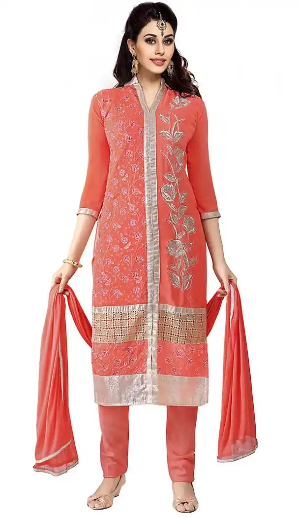 Straight Cut Style Georgette Churidar Kameez in Coral Color | FH470073008