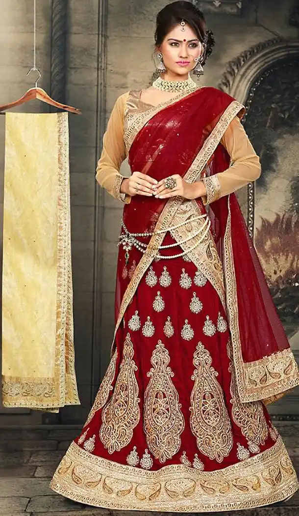 Women Brick Red Color Velvet A Line Style Sweet Heart Neck Lehenga | FH470773065