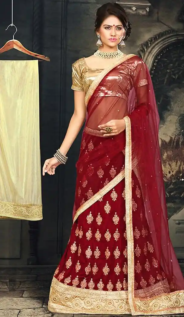 A Line Style Velvet Fabric Red Color Sweet Heart Neck Lehenga | FH470773069