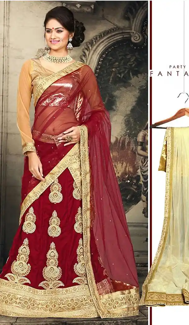 A Line Style Brick Red Color Velvet Fabric Lehenga | FH470773071