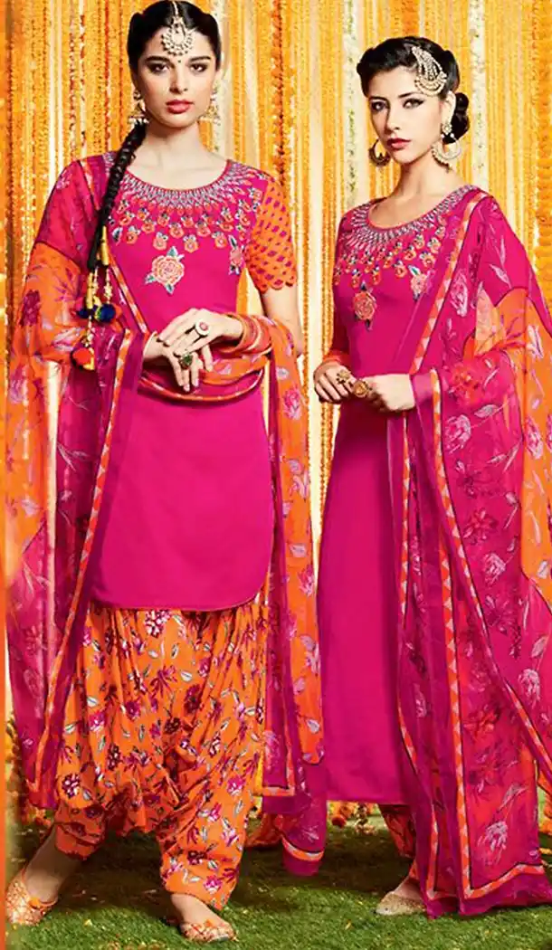Punjabi Patiala Style Straight Cut Cotton Patiyala Suits in Deep Pink | FH470873074