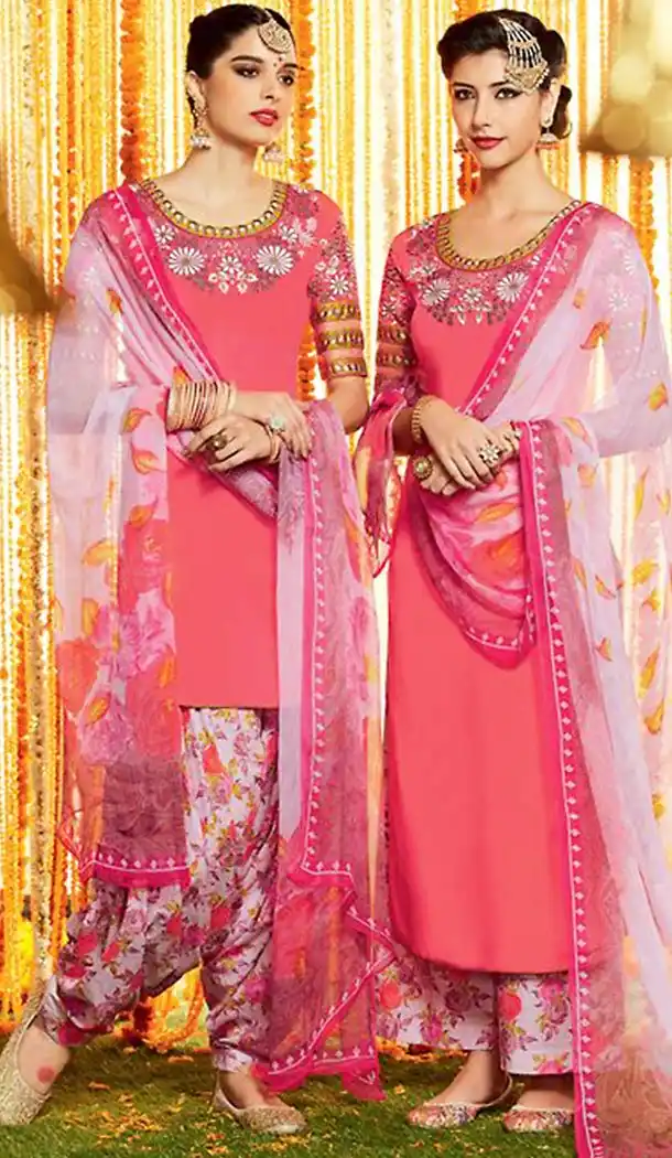 Punjabi Patiala Style Straight Cut Cotton Patiyala Suits in Salmon | FH470873076