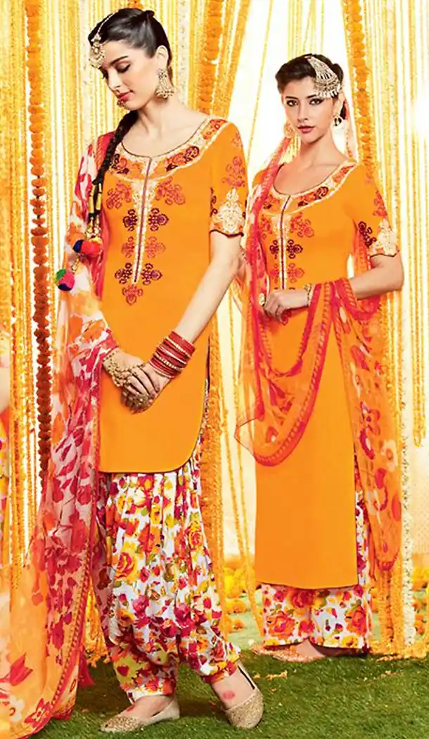 Punjabi Patiala Style Straight Cut Cotton Patiyala Suits in Orange | FH470873077