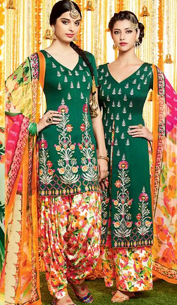Punjabi Patiala Style Straight Cut Cotton Patiyala Suits in Bottle Green | FH470873078