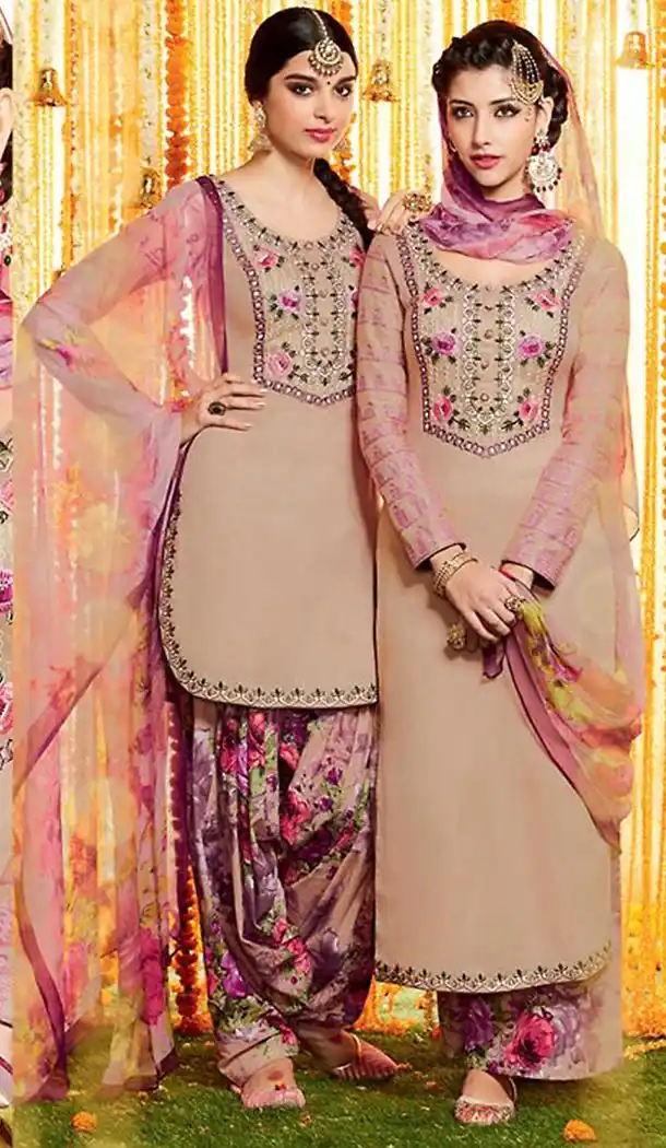 Punjabi Patiala Style Straight Cut Cotton Patiyala Suits in Tan Brown | FH470873079