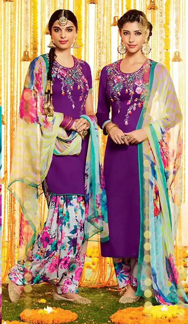 Punjabi Patiala Style Straight Cut Cotton Patiyala Suits in Purple | FH470873080