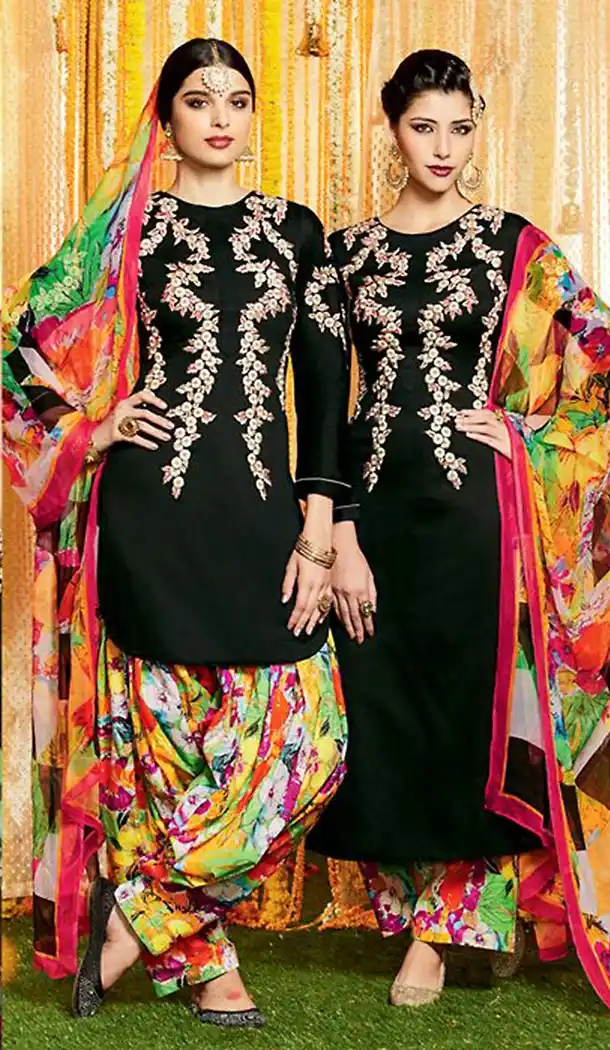 Punjabi Patiala Style Straight Cut Cotton Patiyala Suits in Black | FH470873081