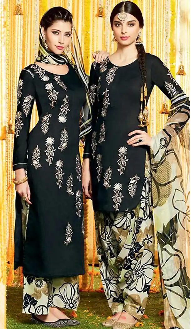 Punjabi Patiala Style Straight Cut Cotton Patiyala Suits in Black | FH470873083