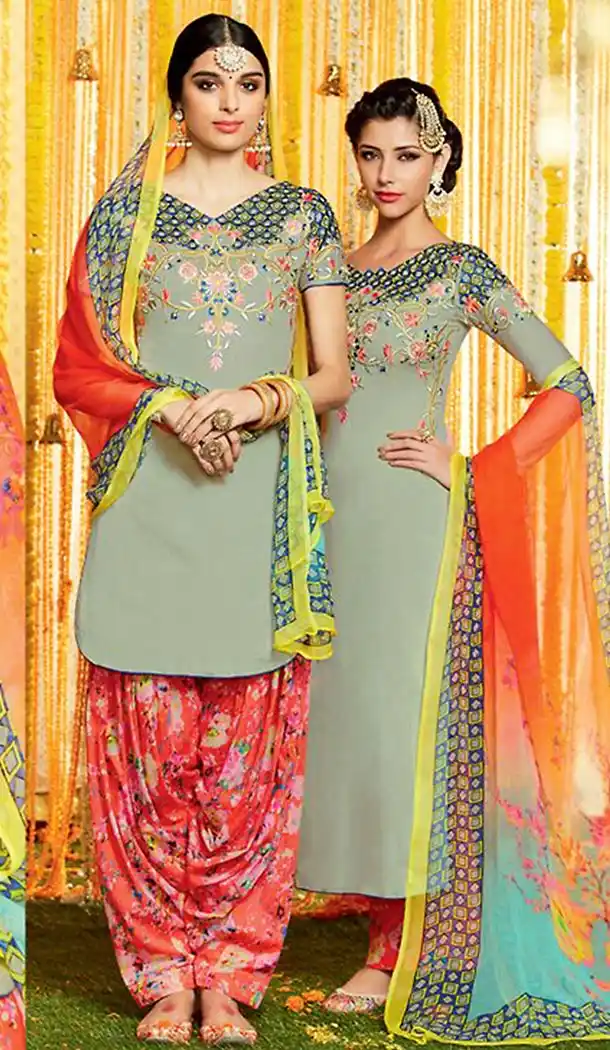 Punjabi Patiala Style Straight Cut Cotton Patiyala Suits in Grey | FH470873084