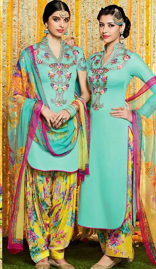 Punjabi Patiala Style Straight Cut Cotton Patiyala Suits in Turquoise | FH470873085