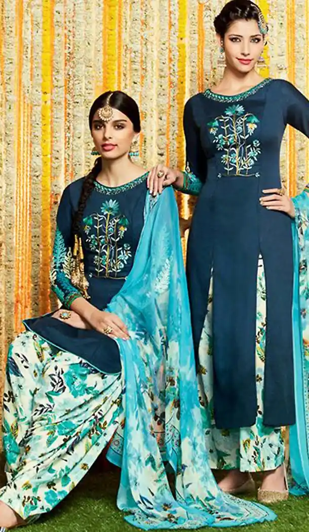 Punjabi Patiala Style Straight Cut Cotton Patiyala Suits in Navy Blue | FH470873086