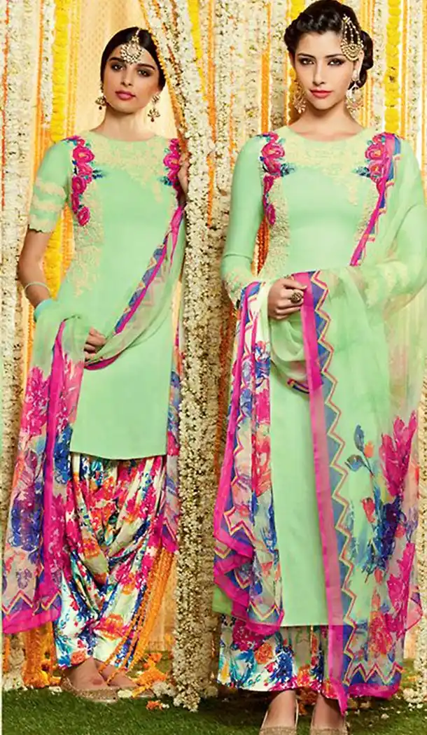 Punjabi Patiala Style Straight Cut Cotton Patiyala Suits in Mint Green | FH470873087