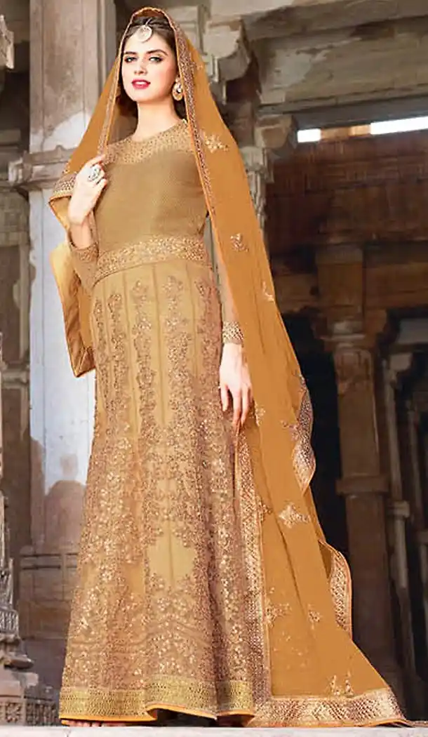 Tan Brown Color Net Designer Wear Salwar Kameez | FH470973089
