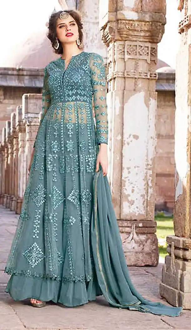 Slate Grey Color Net Designer Wear Salwar Kameez | FH470973093