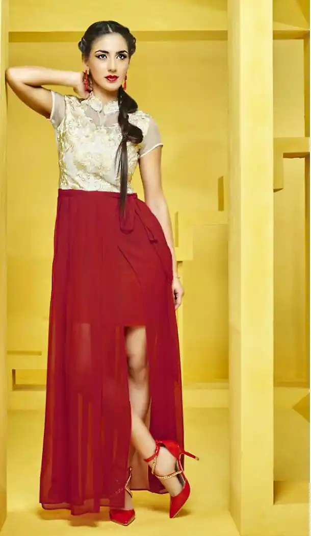 Georgette Crimson Color A-line Style Readymade Kurtis | FH471073099