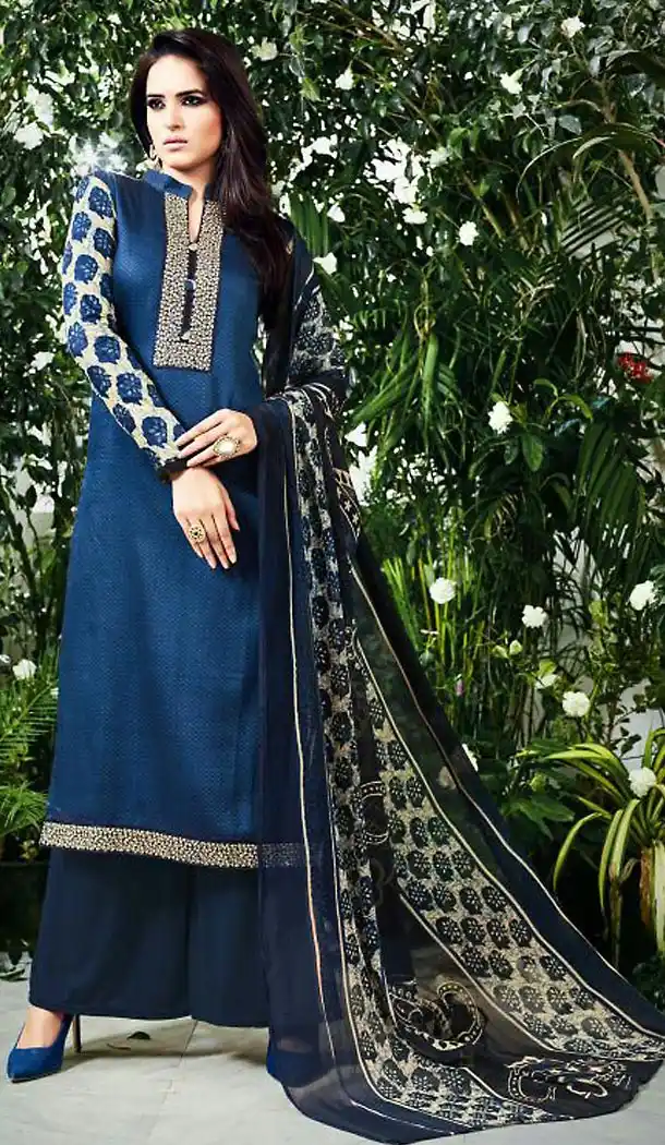 Navy Blue Color Cotton Straight Cut Style Palazzo Dresses | FH471473142