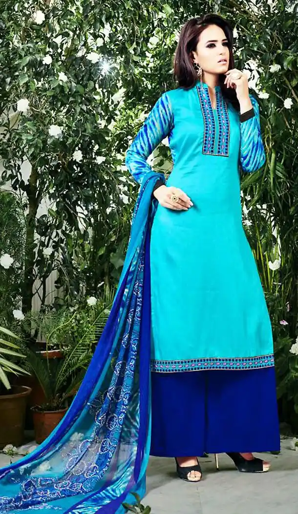 Light Turquoise Color Cotton Straight Cut Style Palazzo Dresses | FH471473144