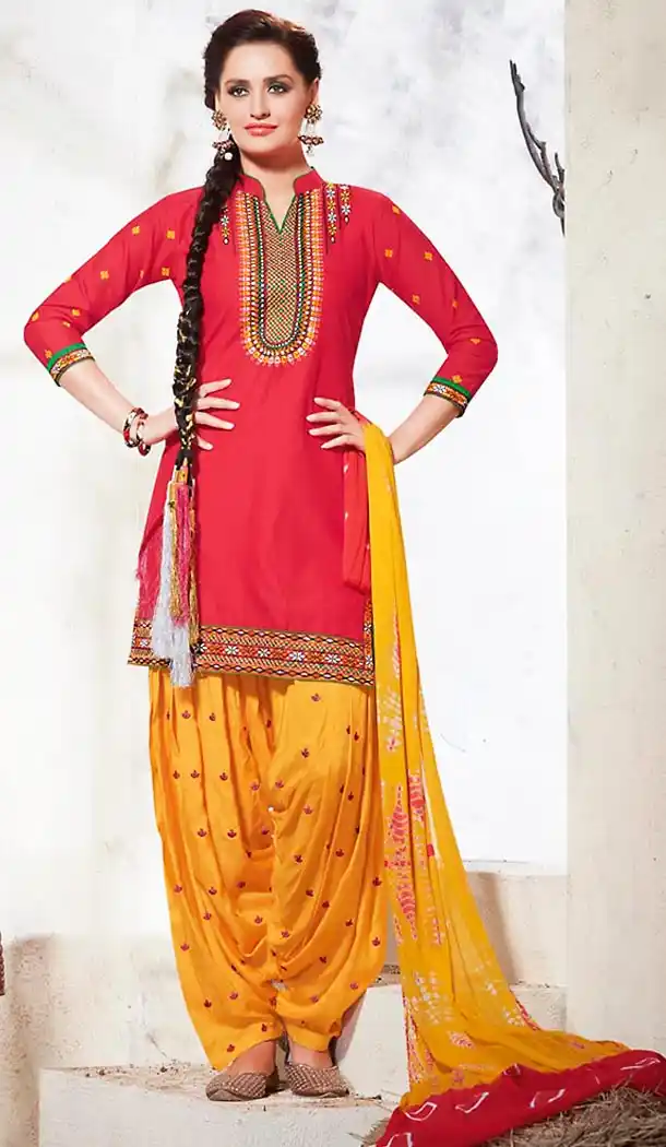 Crimson Color Cotton Punjabi Style Patiyala Dresses | FH471673155