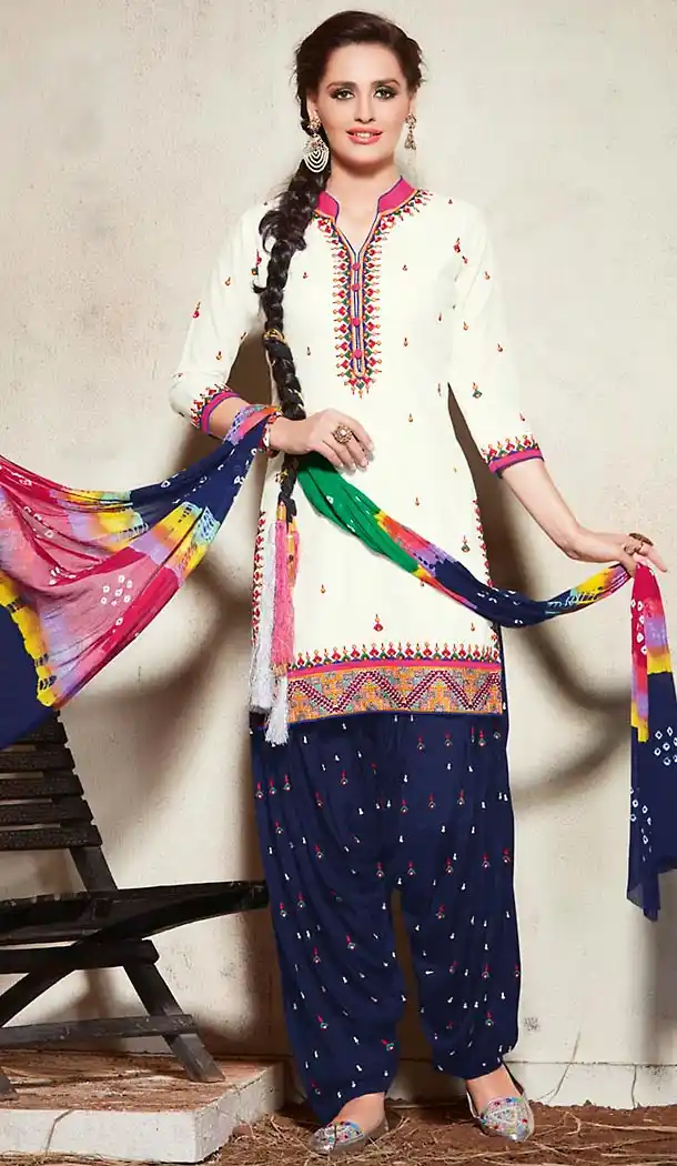 Off White Color Cotton Punjabi Style Patiyala Dresses | FH471673156