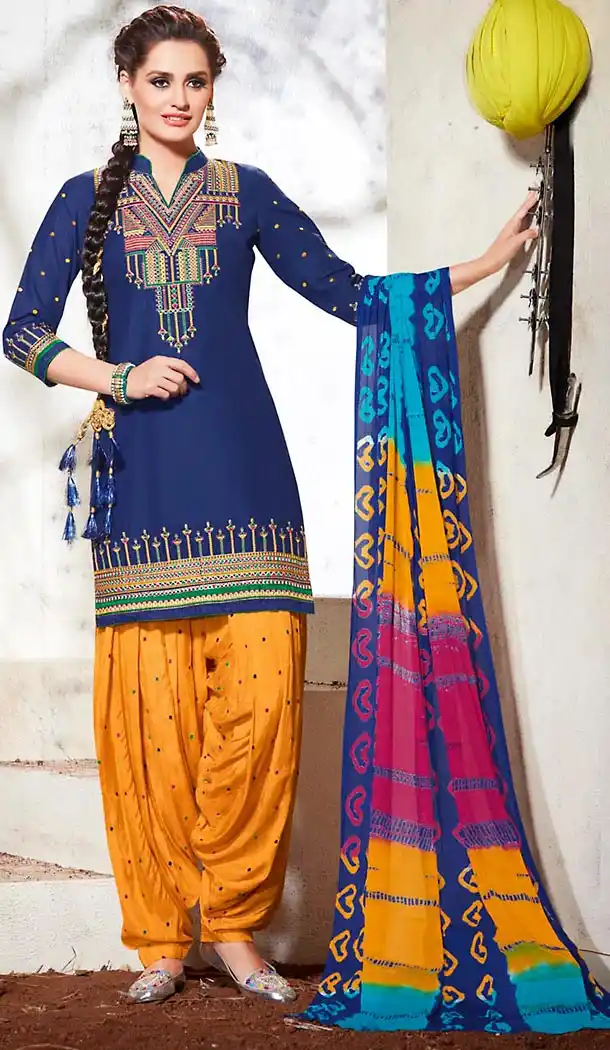 Navy Blue Color Cotton Punjabi Style Patiyala Dresses | FH471673159