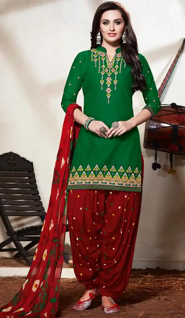Chrome Green Color Cotton Punjabi Style Patiyala Dresses | FH471673160
