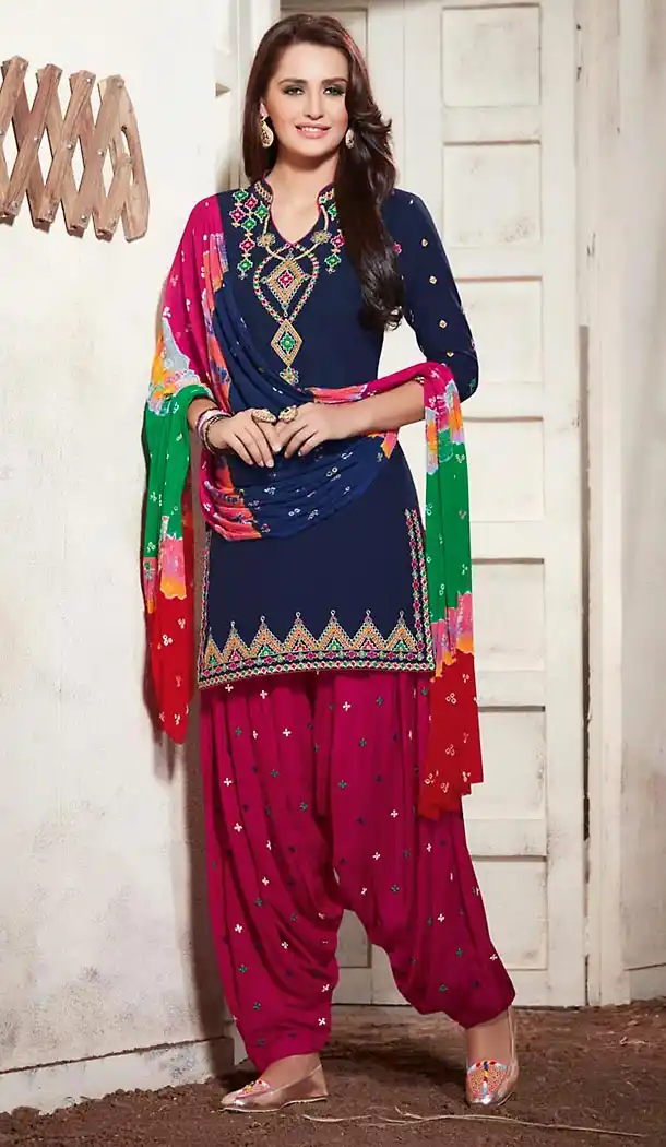 Navy Blue Color Cotton Punjabi Style Patiyala Dresses | FH471673161