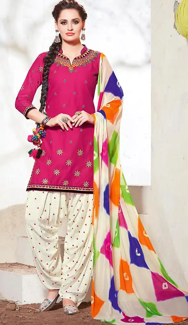 Deep Pink Color Cotton Punjabi Style Patiyala Dresses | FH471673162