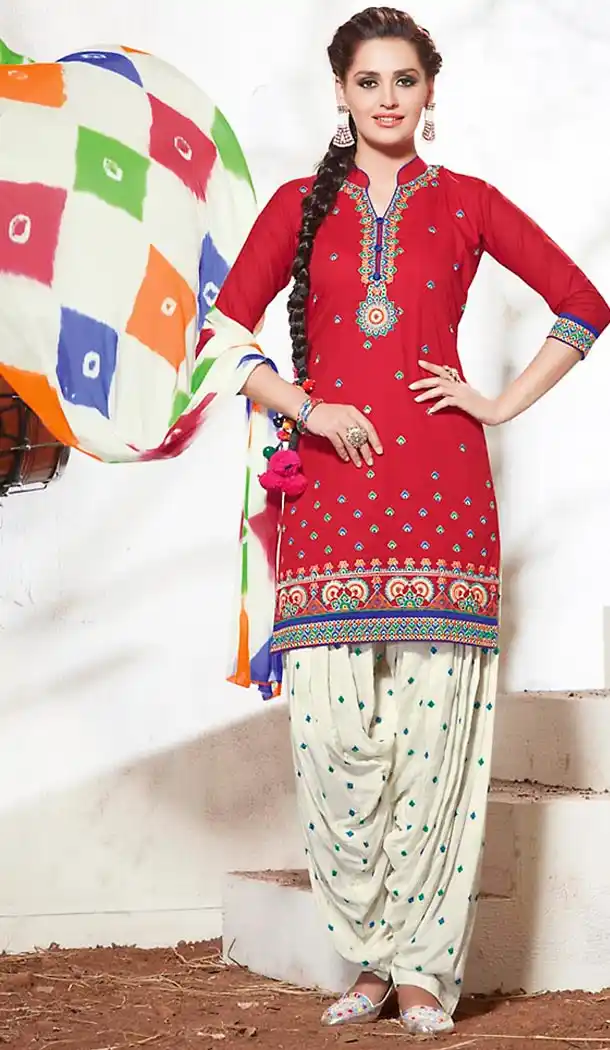 Crimson Color Cotton Punjabi Style Patiyala Dresses | FH471673166