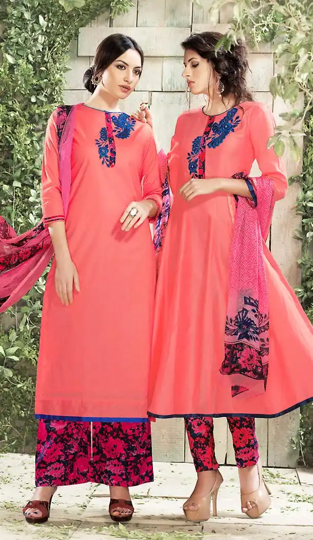 Salmon Color Cotton Straight Cut Evening Wear Salwar Kameez | FH472073195