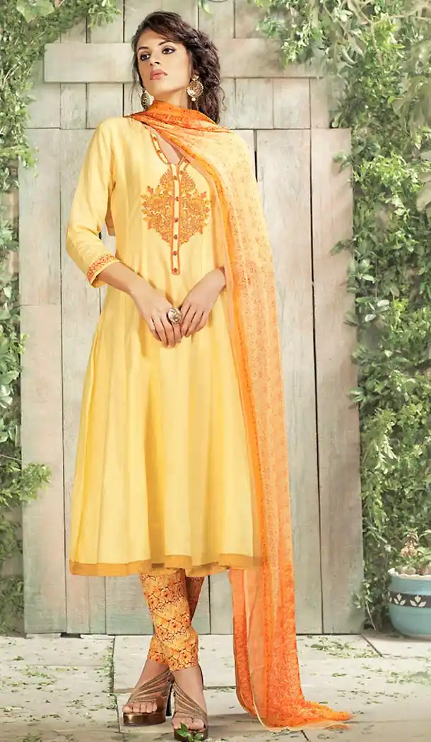 Yellow Color Cotton Straight Cut Evening Wear Salwar Kameez | FH472073197