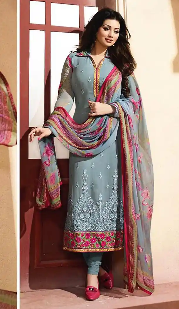 Slate Grey Color Georgette Straight Suit Wear To Celebrity Ayesha Takia FH472173205