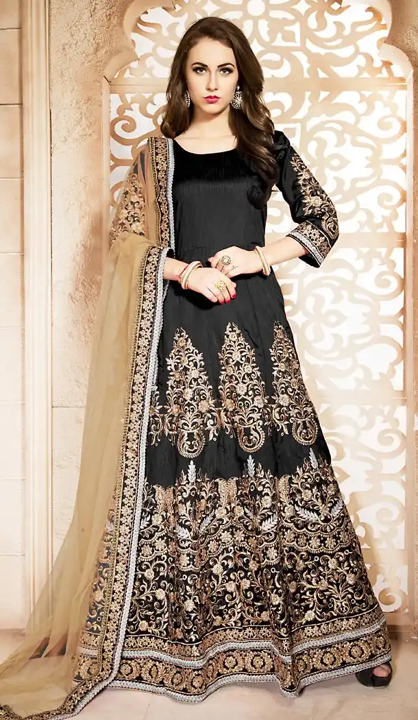 Silk Fabric Black Long Anarkali Style Churidar Kameez | FH473373337