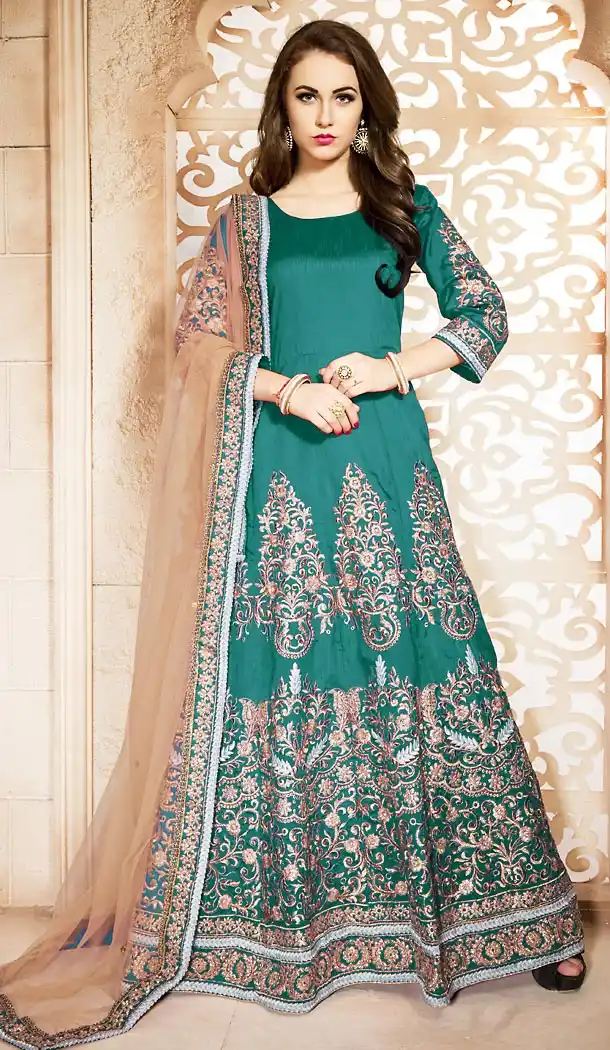Silk Fabric Emerald Long Anarkali Style Churidar Kameez | FH473373338