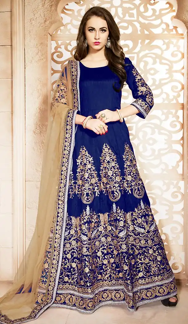 Silk Fabric Royal Blue Long Anarkali Style Churidar Kameez | FH473373339