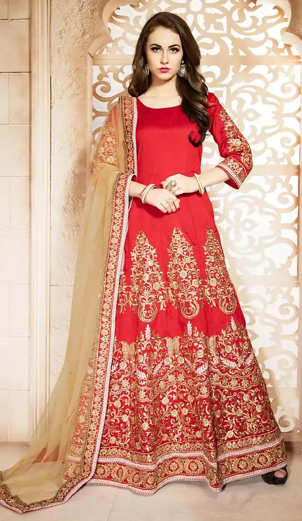 Silk Fabric Deep Scarlet Long Anarkali Style Churidar Kameez | FH473373340