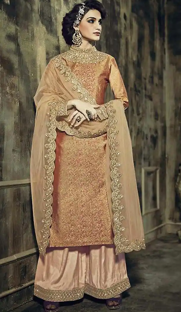 Beige Color Jacquard,Silk Pakistani Style Salwar Kameez | FH473473342