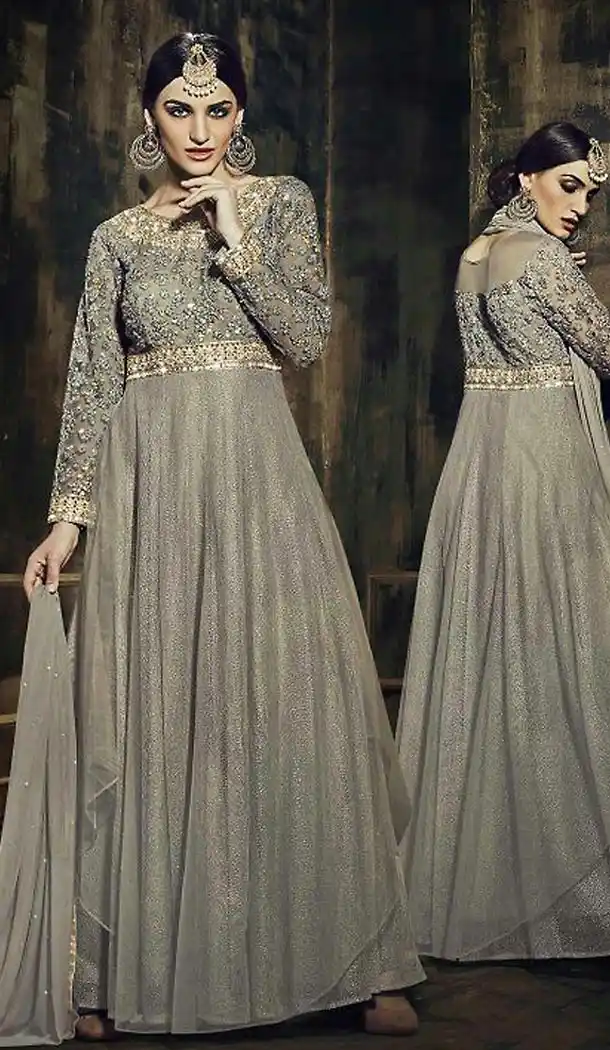 Dove Color Georgette,Net Pakistani Style Long Salwar Kameez | FH473473343