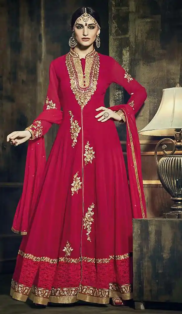 Crimson Color Chiffon Pakistani Style Long Salwar Kameez | FH473473344