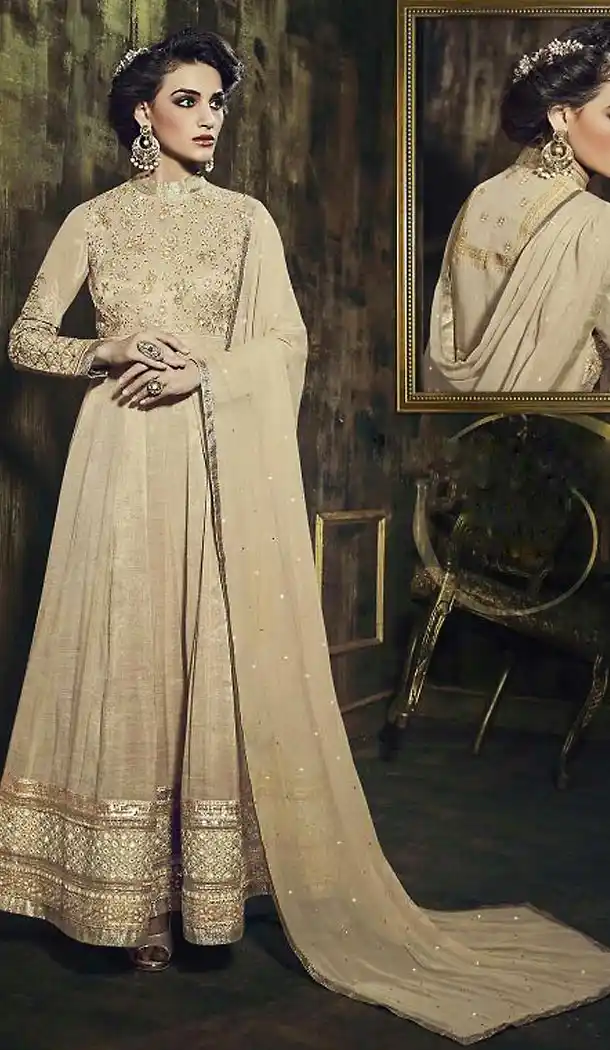 Tan Brown Color Silk Pakistani Style Long Salwar Kameez | FH473473345
