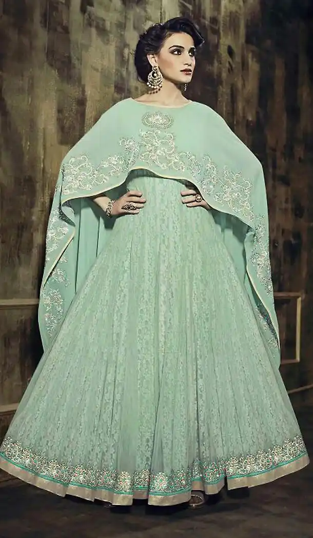 Aloe Vera Green Color Georgette,Net Pakistani Style Long Salwar Kameez | FH473473347