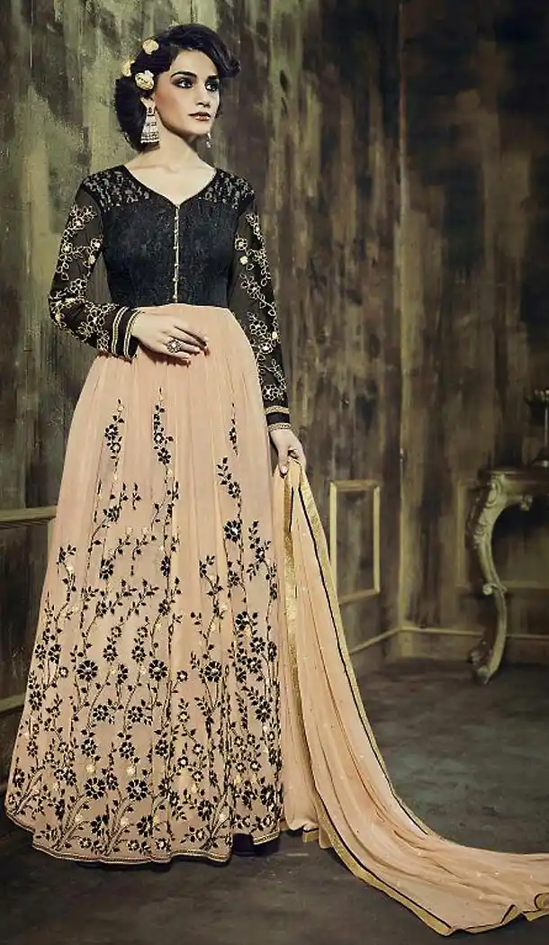 Blak Beige Color Georgette,Net Pakistani Style Long Salwar Kameez | FH473473348