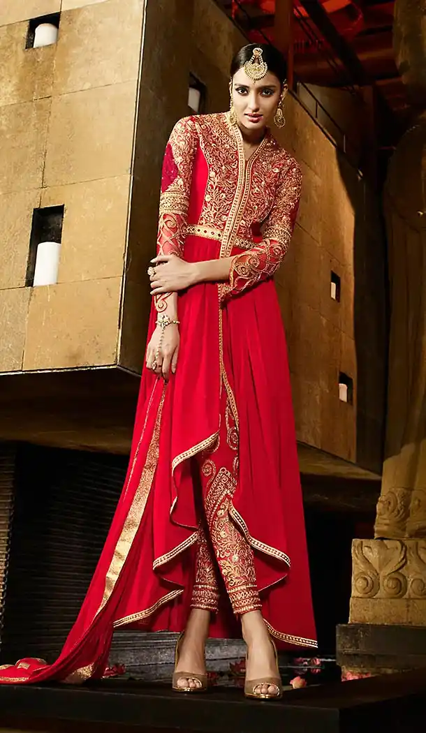Deep Scarlet Color Georgette Party Wear Narrow Pants Dresses | FH473873399