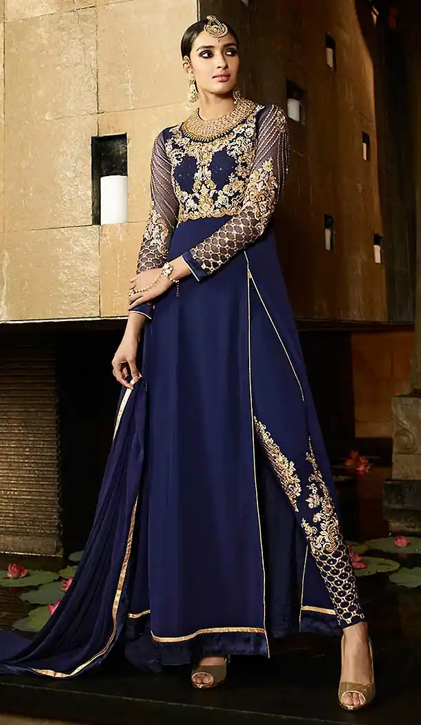 Navy Blue Color Georgette Party Wear Narrow Pants Dresses | FH473873400